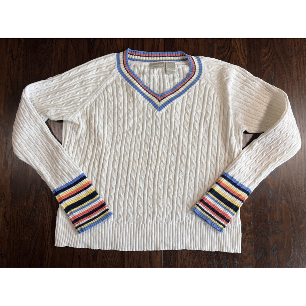 Fieldgear 100% cotton White with stripes cable knit v neck tennis sweater - Med